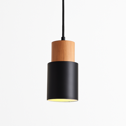 Cylindrical Wood and Metal Pendant Light with Downward Beam for Kitchen Dining Room Bedroom | Modern Hanging Ceiling Fixture with