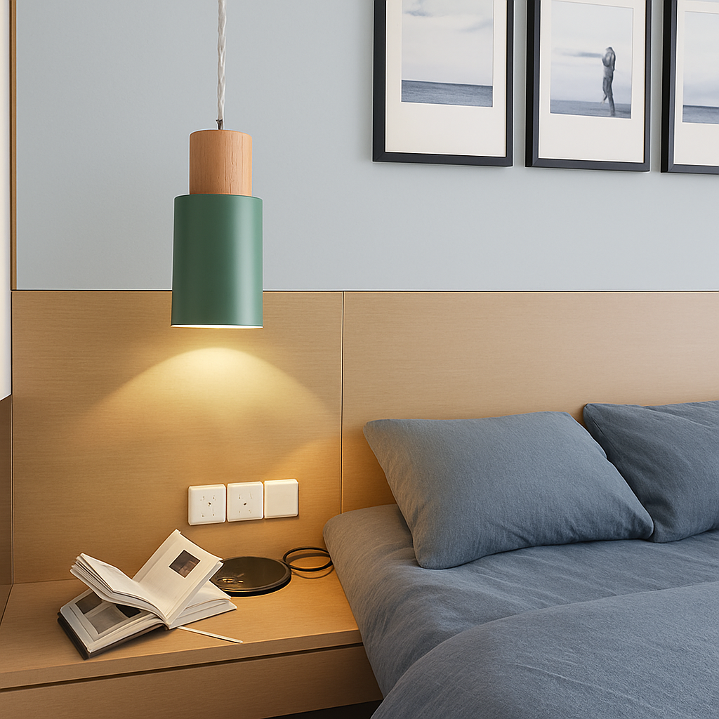 Cylindrical Wood and Metal Pendant Light with Downward Beam for Kitchen Dining Room Bedroom | Modern Hanging Ceiling Fixture with