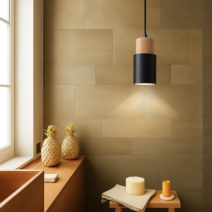 Cylindrical Wood and Metal Pendant Light with Downward Beam for Kitchen Dining Room Bedroom | Modern Hanging Ceiling Fixture with