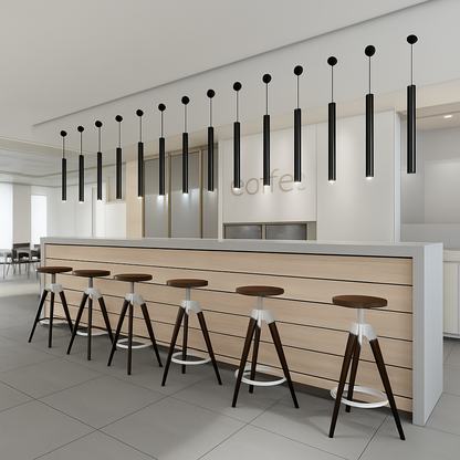 Modern Cylindrical LED Pendant Light — Sleek Slim Black Metal Hanging Fixture for Dining Room, Kitchen Island & Bar
