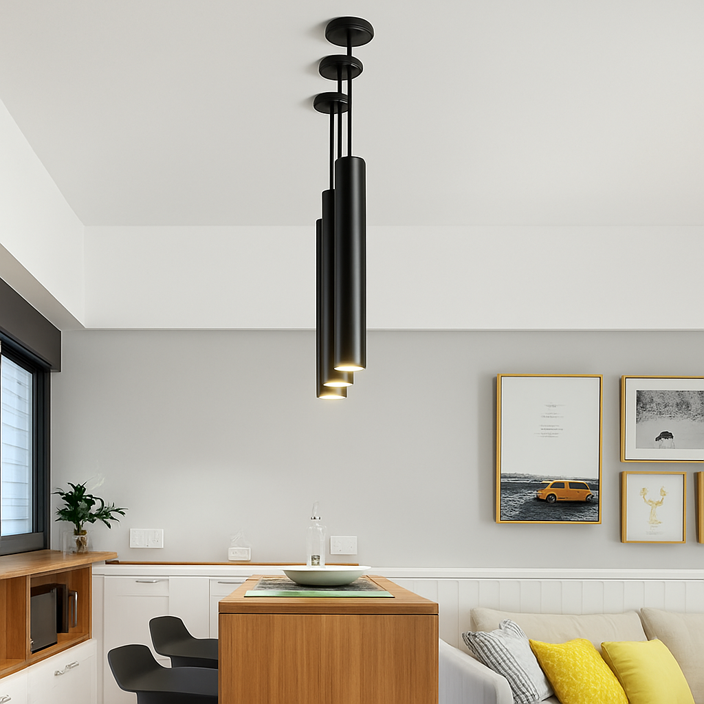 Modern Cylindrical LED Pendant Light — Sleek Slim Black Metal Hanging Fixture for Dining Room, Kitchen Island & Bar