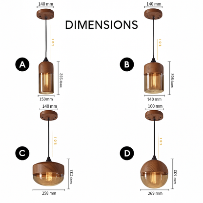Industrial Wood & Glass Hanging Pendant Light with Metal Accents for Dining Room, Kitchen Island & Living Room