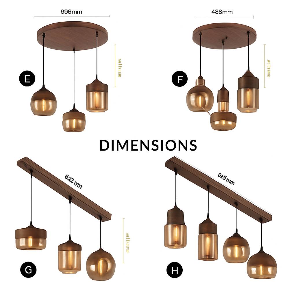 Industrial Wood & Glass Hanging Pendant Light with Metal Accents for Dining Room, Kitchen Island & Living Room