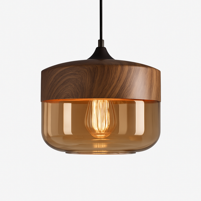 Industrial Wood & Glass Hanging Pendant Light with Metal Accents for Dining Room, Kitchen Island & Living Room