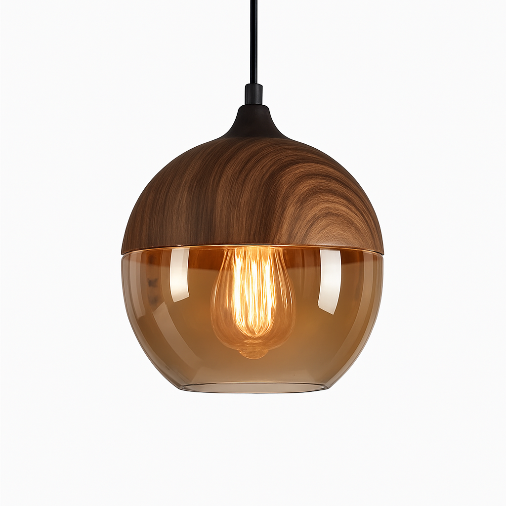 Industrial Wood & Glass Hanging Pendant Light with Metal Accents for Dining Room, Kitchen Island & Living Room
