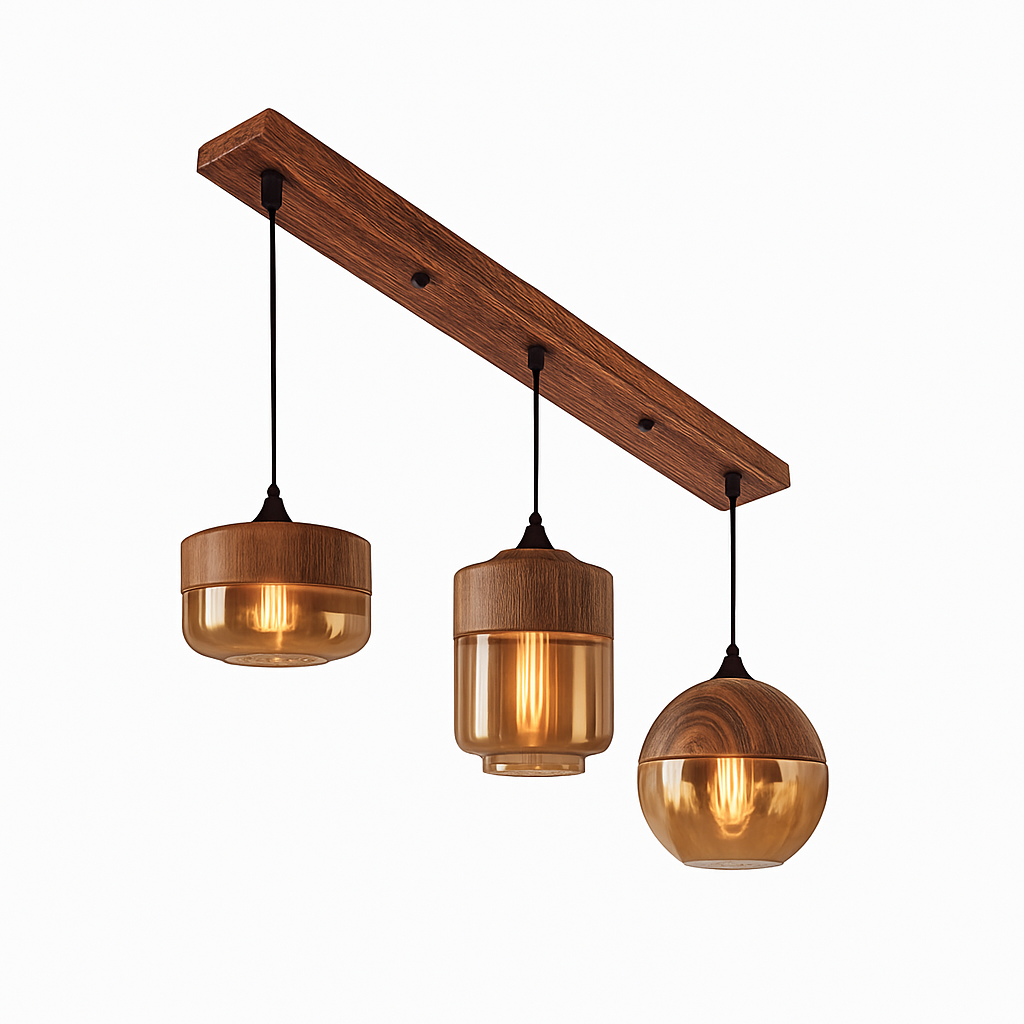 Industrial Wood & Glass Hanging Pendant Light with Metal Accents for Dining Room, Kitchen Island & Living Room