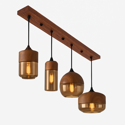 Industrial Wood & Glass Hanging Pendant Light with Metal Accents for Dining Room, Kitchen Island & Living Room