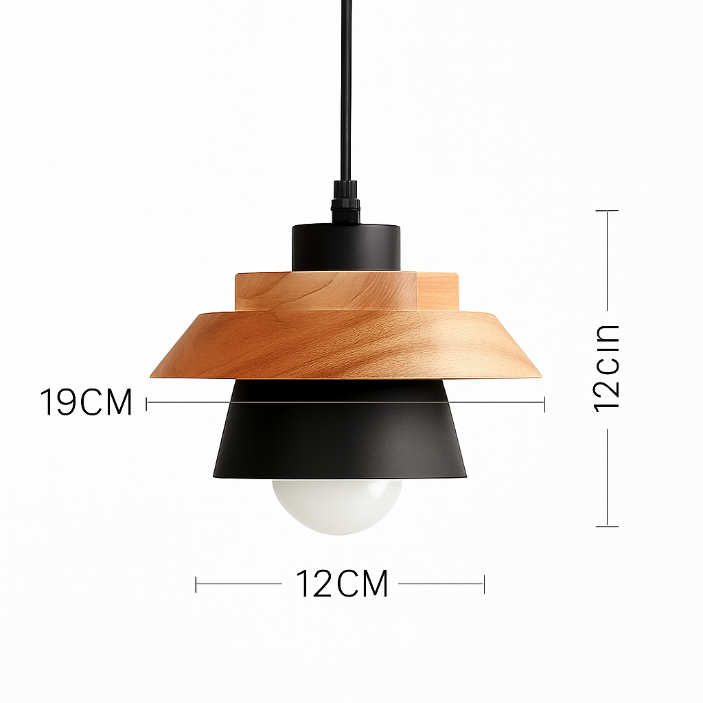Hanging Ceiling Lamp Wood Metal Shade 11 Inch Drop Light Fixture for Kitchen Island Dining Table Bedroom Scandinavian Style Adjustable Cord