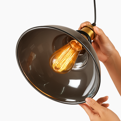 Smoked Glass Pendant Light with Iron Hardware – Vintage Hanging Ceiling Fixture for Dining Room, Kitchen, Bedroom & Living Room – E27