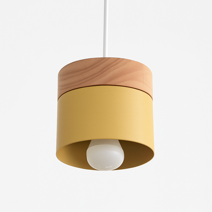 Cylinder Pendant Light with Wood Top and Metal Shade for Kitchen Island | Modern Scandinavian Hanging Fixture with Adjustable Cord for