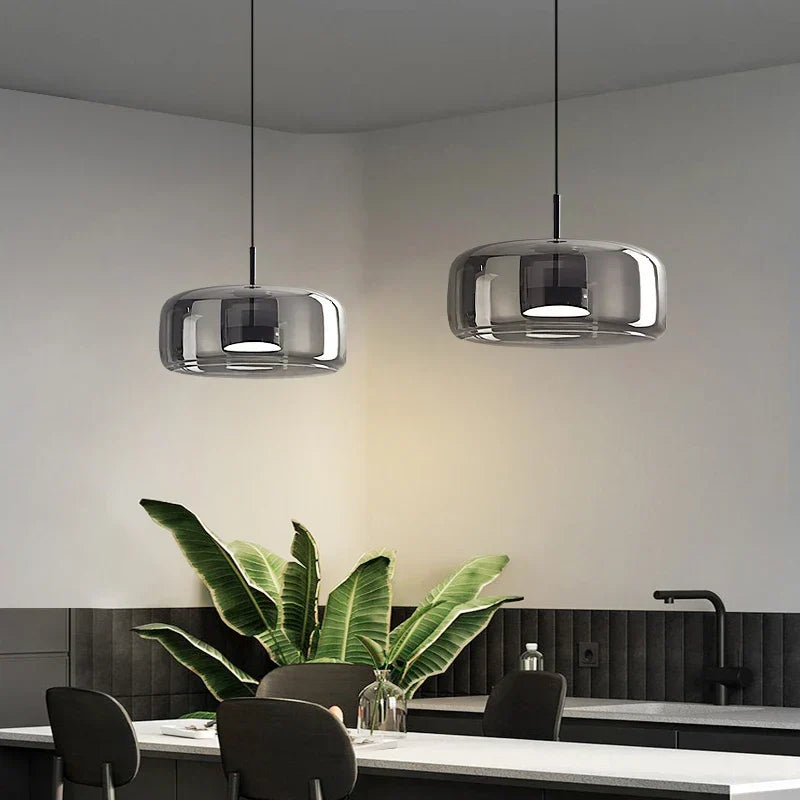Glass Drop Ceiling Fixture 40 in Adjustable Height Cognac Smoke Gray Over Island Dining Table Modern Nordic Minimalist Hanging Lamp Bedroom
