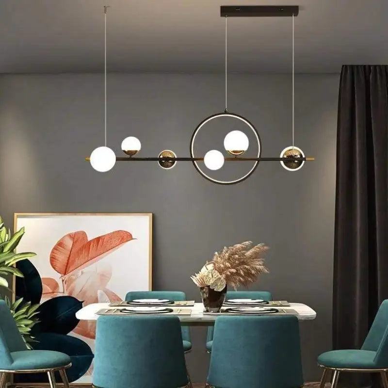 Linear Dining Room Chandelier Black Aluminum 6-Globe Adjustable LED Fixture 44 Inch for Modern Kitchen Island Living Space