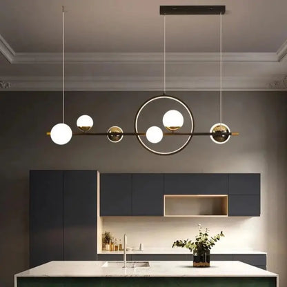 Linear Hanging Light Fixture with 6 Spheres Black Aluminum 44 in for Dining Table Kitchen Island Modern Minimalist Adjustable Brightness War
