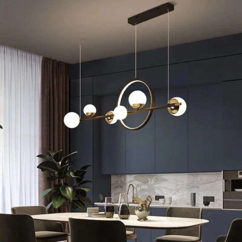 Linear Hanging Light Fixture with 6 Spheres Black Aluminum 44 in for Dining Table Kitchen Island Modern Minimalist Adjustable Brightness War