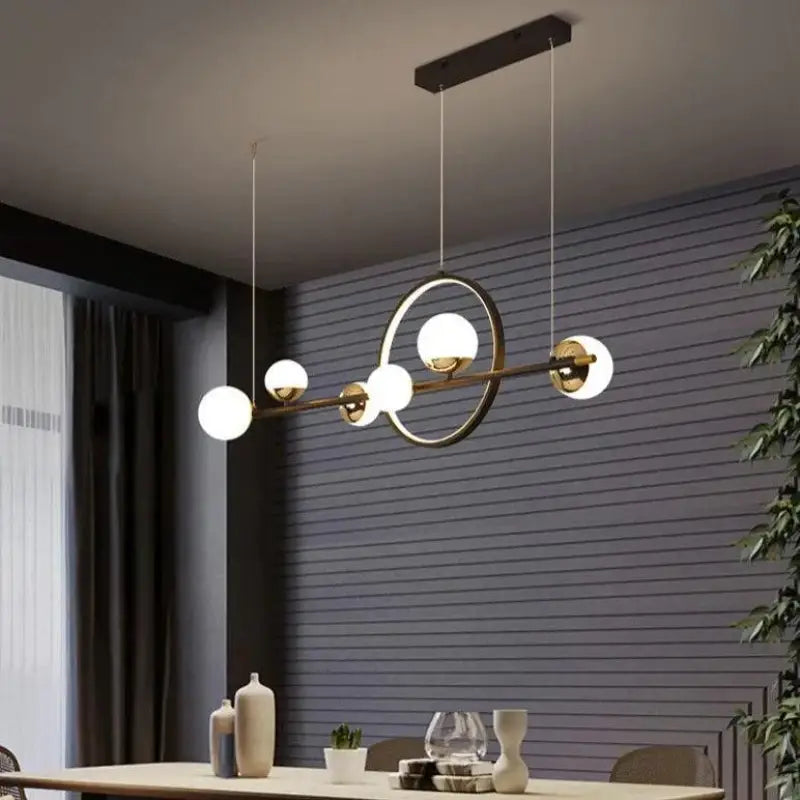 Linear Hanging Light Fixture with 6 Spheres Black Aluminum 44 in for Dining Table Kitchen Island Modern Minimalist Adjustable Brightness War