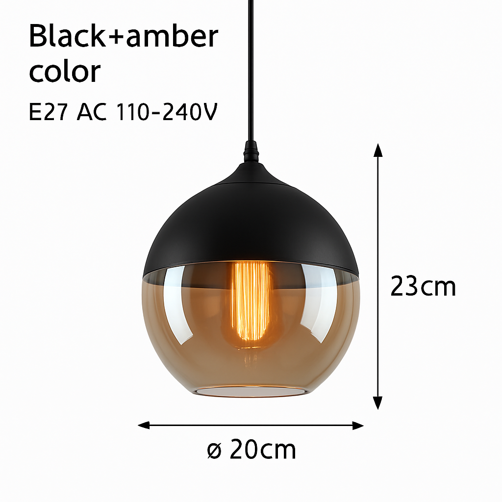 Industrial Glass & Metal Pendant Light for Kitchen Island, Dining Room & Bar | Modern Loft Hanging Fixture with Cord, E27 Socket, Amber or