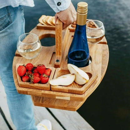 Portable Wooden Wine Serving Caddy with Glass Holders for Picnics, Patio & Balcony Entertaining