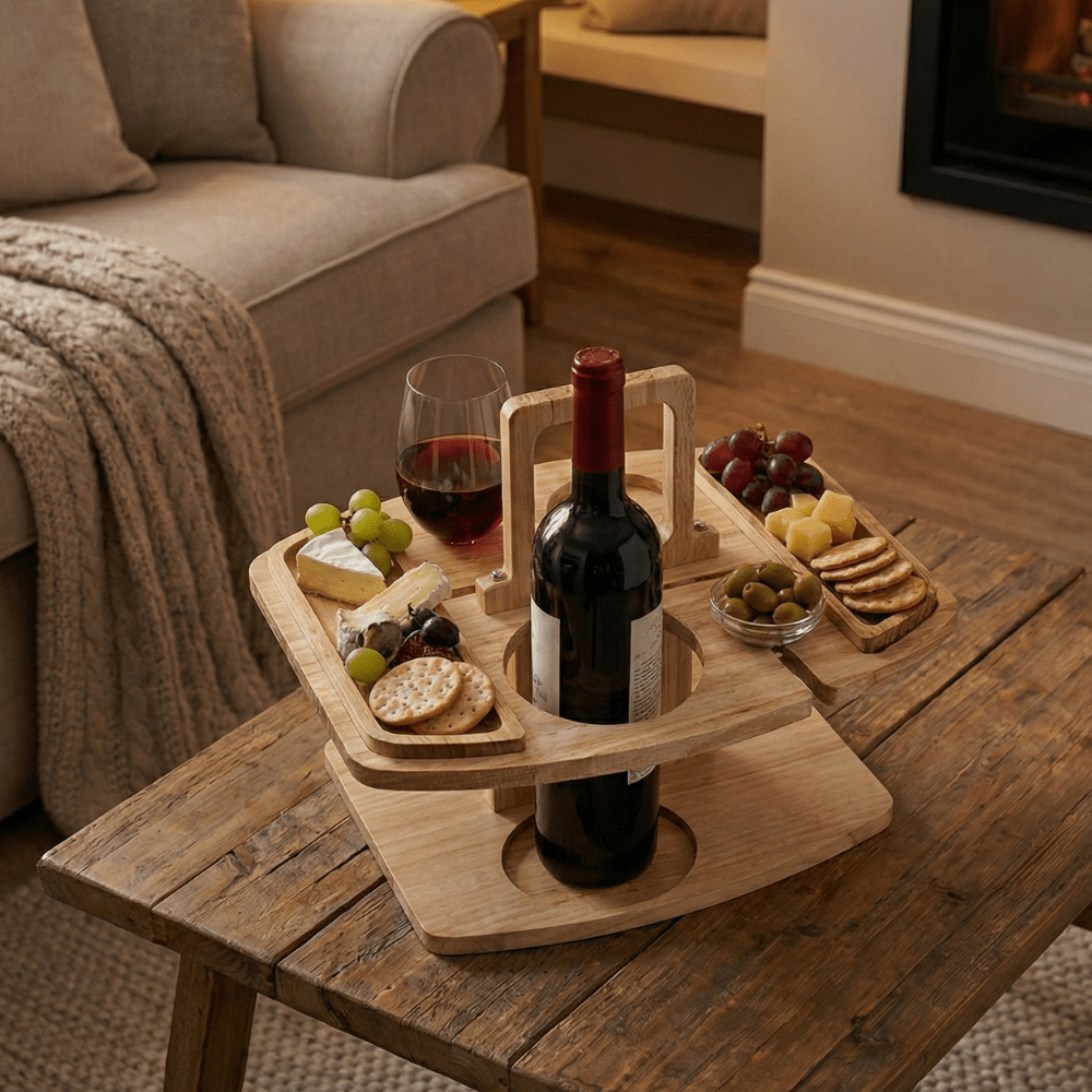 Portable Wooden Wine Serving Caddy with Glass Holders for Picnics, Patio & Balcony Entertaining