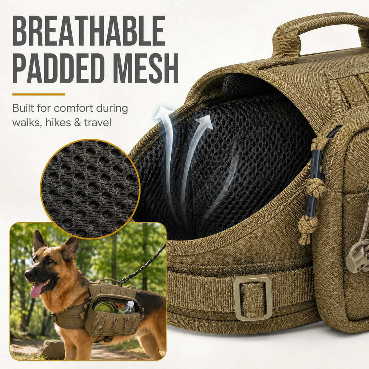 Ortekor Tactical Dog Backpack Harness for Hiking, Camping & Daily Walks - Hands-Free Storage for Water, Treats & Poop Bags