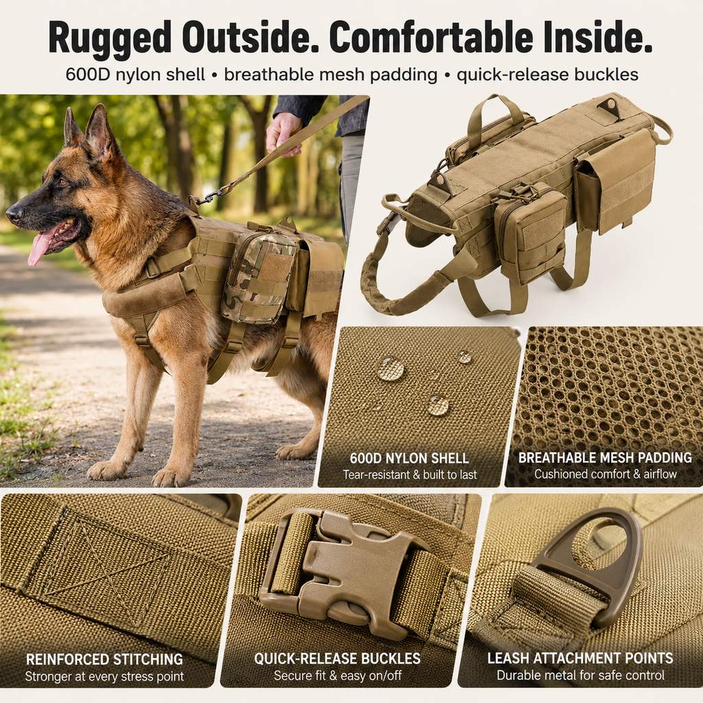 Ortekor Tactical Dog Backpack Harness for Hiking & Daily Walks - Detachable Pouches for Gear & Better Control