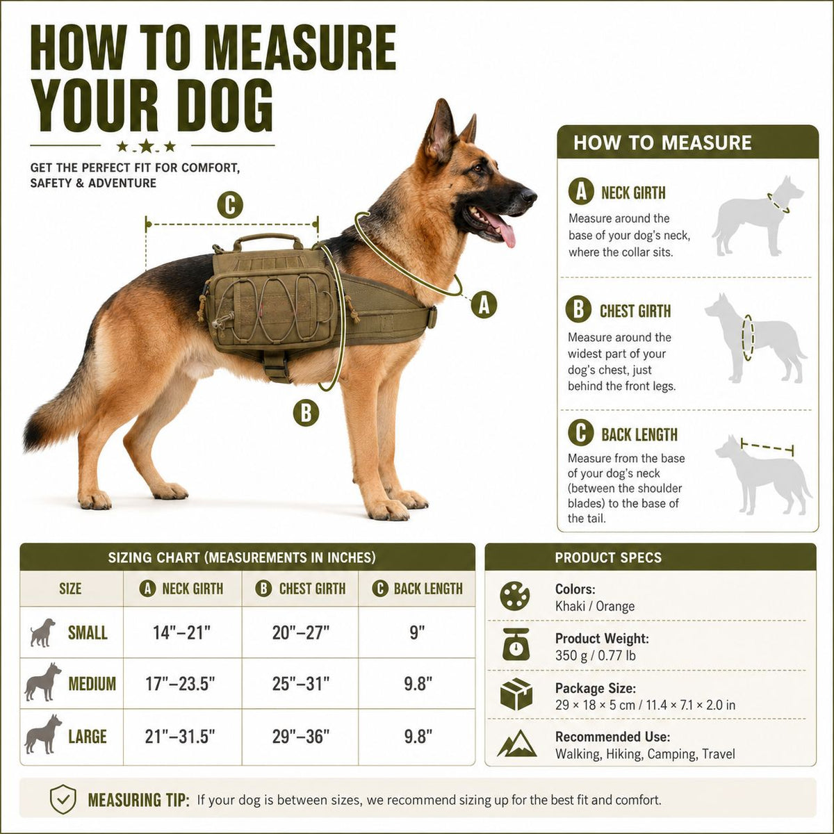 Ortekor Tactical Dog Backpack Harness for Hiking, Camping & Daily Walks - Hands-Free Storage for Water, Treats & Poop Bags