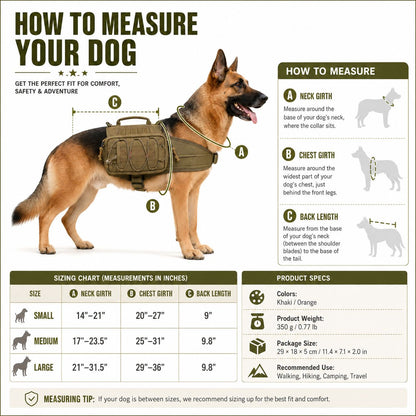 Ortekor Tactical Dog Backpack Harness for Hiking, Camping & Daily Walks - Hands-Free Storage for Water, Treats & Poop Bags