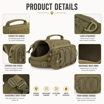 Ortekor Tactical Dog Backpack Harness for Hiking, Camping & Daily Walks - Hands-Free Storage for Water, Treats & Poop Bags