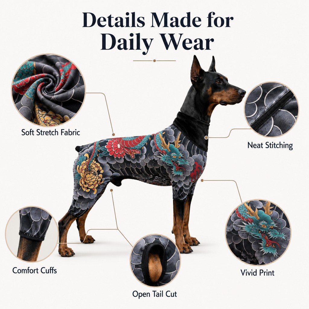 Ortekor Tattoo Print Dog & Cat Bodysuit for Walks & Photos - Soft Stretch Pet Onesie Helps Contain Loose Hair