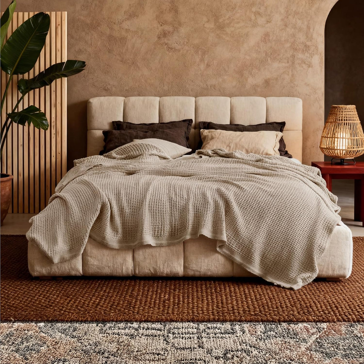 Cotton Throw Blanket for Bed, Waffle Weave Queen Size Blanket for All Seasons, Soft Breathable Cotton Blanket for Couch