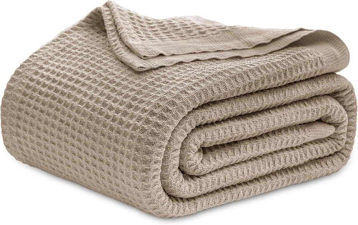 Cotton Throw Blanket for Bed, Waffle Weave Queen Size Blanket for All Seasons, Soft Breathable Cotton Blanket for Couch