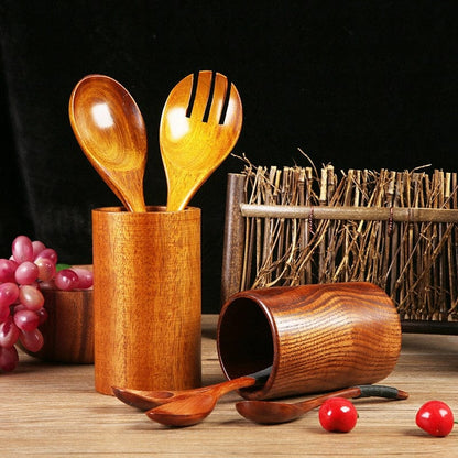Countertop Utensil Crock Organizer Natural Teak Wood Kitchen Tool Caddy Holder for Cooking Spoons Spatulas Whisks