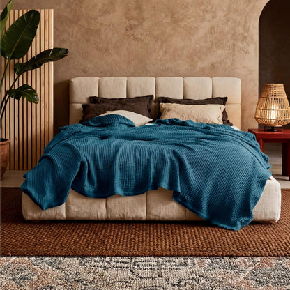 100% Cotton Waffle Weave Throw Blanket Queen King Breathable Lightweight Bed Cover for All Seasons Couch Sofa Bedroom Layering Textured