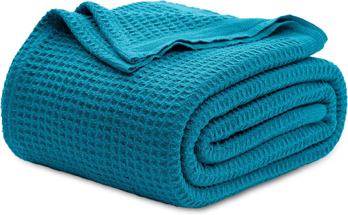 Cotton Throw Blanket for Bed, Waffle Weave Queen Size Blanket for All Seasons, Soft Breathable Cotton Blanket for Couch