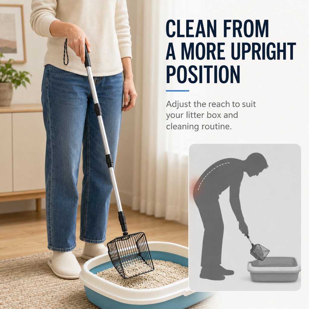 Ortekor Telescoping Cat Litter Scoop for Deep Litter Boxes – Long Handle Sifter for Less Bending