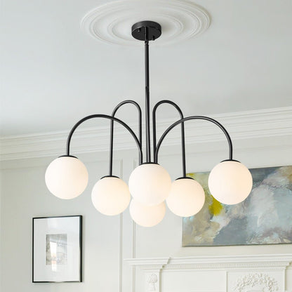 Ten-Globe Pendant Light with Frosted Glass Spheres & Curved Arms for Dining Rooms – Adjustable Height Fixture in Dual-Tone Metallic Finish,