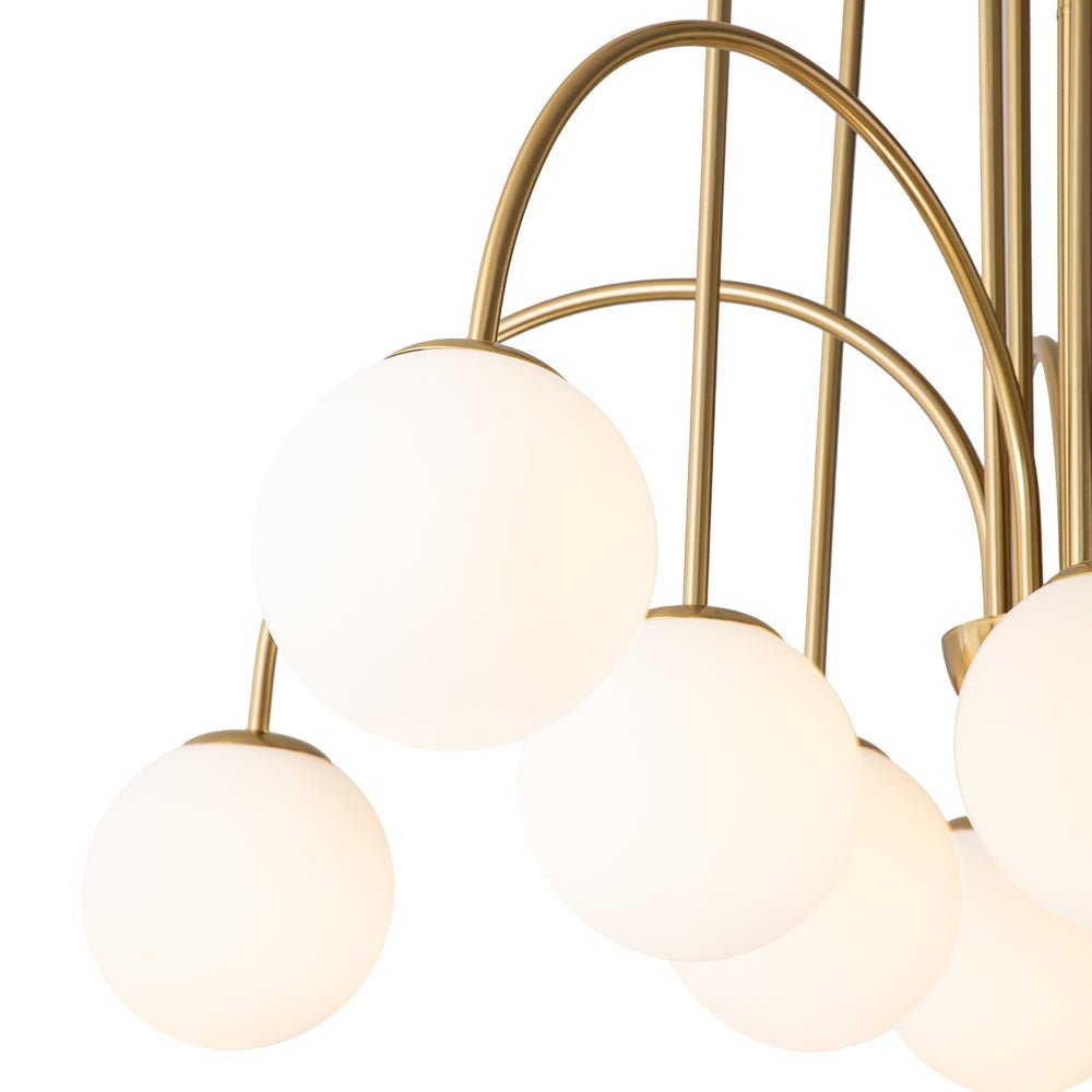 Ten-Globe Pendant Light with Frosted Glass Spheres & Curved Arms for Dining Rooms – Adjustable Height Fixture in Dual-Tone Metallic Finish,