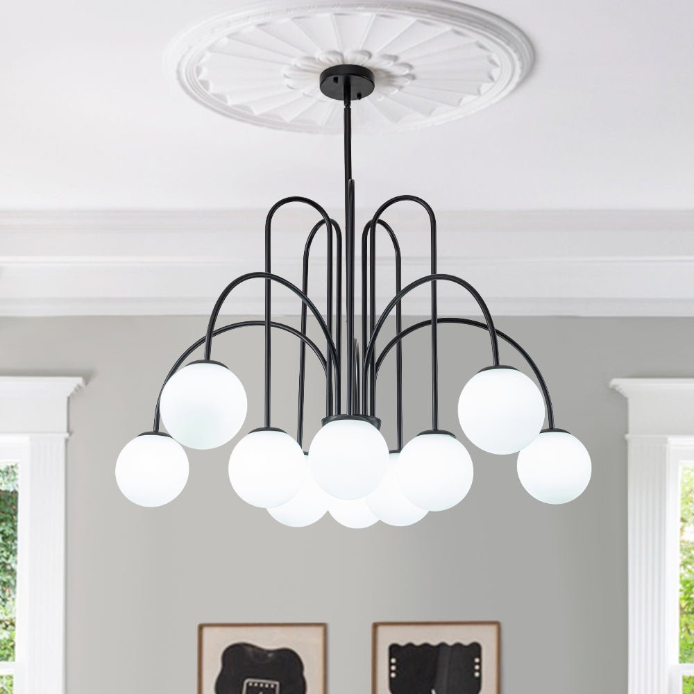 Ten-Globe Pendant Light with Frosted Glass Spheres & Curved Arms for Dining Rooms – Adjustable Height Fixture in Dual-Tone Metallic Finish,