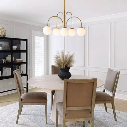 Ten-Globe Pendant Light with Frosted Glass Spheres & Curved Arms for Dining Rooms – Adjustable Height Fixture in Dual-Tone Metallic Finish,