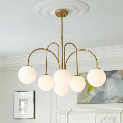 Ten-Globe Pendant Light with Frosted Glass Spheres & Curved Arms for Dining Rooms – Adjustable Height Fixture in Dual-Tone Metallic Finish,