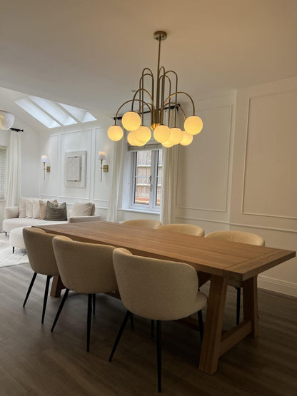 Ten-Globe Pendant Light with Frosted Glass Spheres & Curved Arms for Dining Rooms – Adjustable Height Fixture in Dual-Tone Metallic Finish,