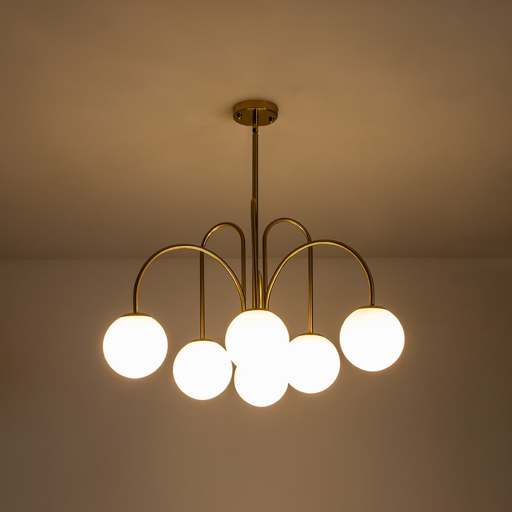 Ten-Globe Pendant Light with Frosted Glass Spheres & Curved Arms for Dining Rooms – Adjustable Height Fixture in Dual-Tone Metallic Finish,