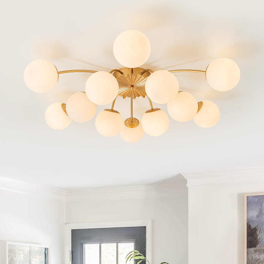 12-Light Semi-Flush Ceiling Fixture Brass Finish Opal Globe Shades 39-Inch Width Dimmable Chandelier for Dining Room Living Room Entryway Mo