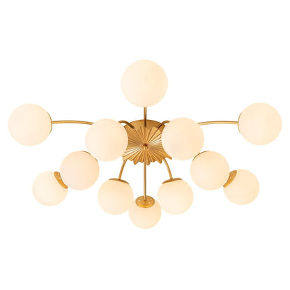 12-Light Semi-Flush Ceiling Fixture Brass Finish Opal Globe Shades 39-Inch Width Dimmable Chandelier for Dining Room Living Room Entryway Mo