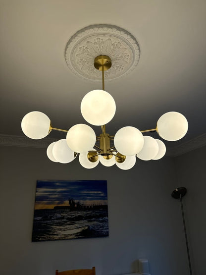 Dual-Tier Chandelier with 12 Opal Glass Globes in Brass Finish – 35 in Wide Statement Fixture for Dining Rooms, Living Spaces & Entryways