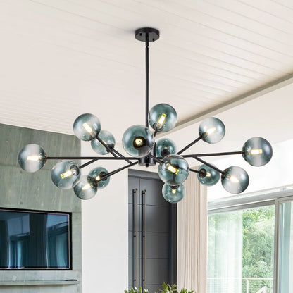 Dimmable Glass Globe Pendant Light 44 in Wide 15-Bulb Branch Fixture Black Gold Frame Azure Blue Orbs for Dining Room Great Room Kitchen Isl