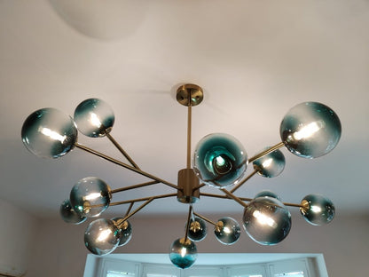 Dimmable Glass Globe Pendant Light 44 in Wide 15-Bulb Branch Fixture Black Gold Frame Azure Blue Orbs for Dining Room Great Room Kitchen Isl