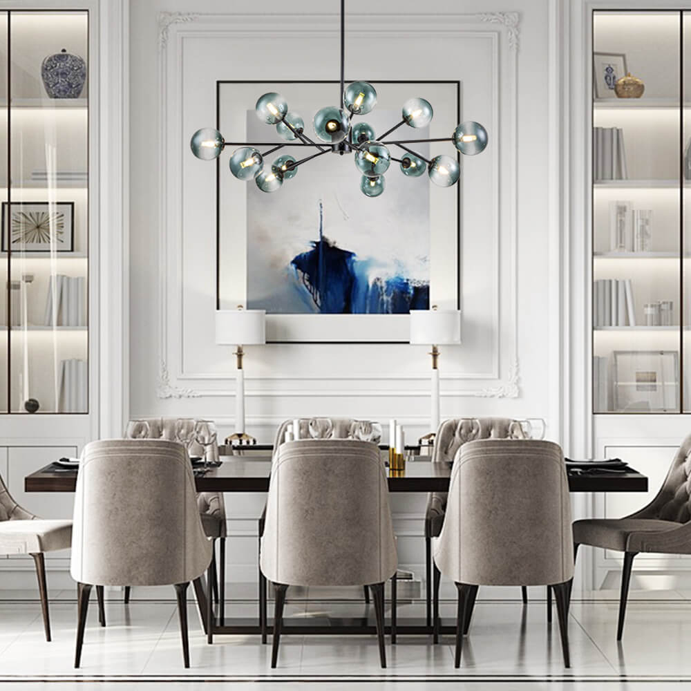 Dimmable Glass Globe Pendant Light 44 in Wide 15-Bulb Branch Fixture Black Gold Frame Azure Blue Orbs for Dining Room Great Room Kitchen Isl