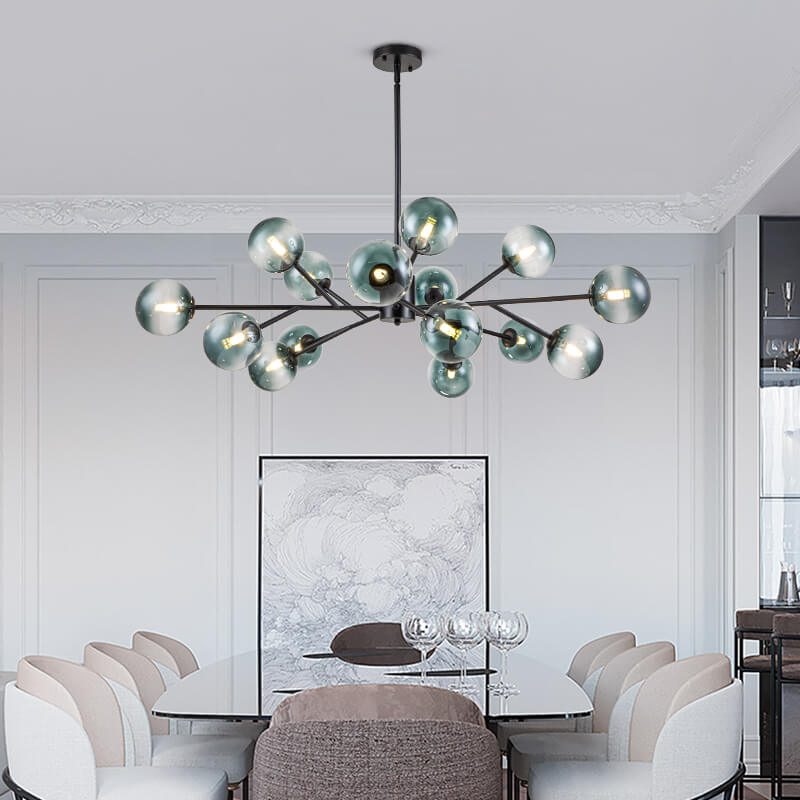 Dimmable Glass Globe Pendant Light 44 in Wide 15-Bulb Branch Fixture Black Gold Frame Azure Blue Orbs for Dining Room Great Room Kitchen Isl