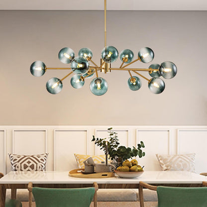 Dimmable Glass Globe Pendant Light 44 in Wide 15-Bulb Branch Fixture Black Gold Frame Azure Blue Orbs for Dining Room Great Room Kitchen Isl