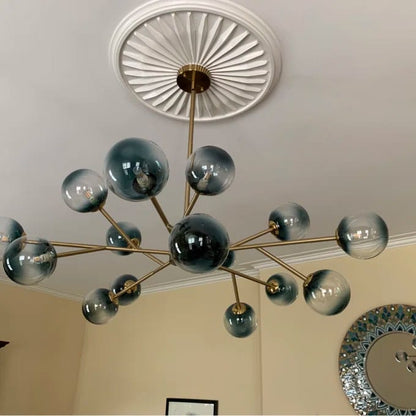 Dimmable Glass Globe Pendant Light 44 in Wide 15-Bulb Branch Fixture Black Gold Frame Azure Blue Orbs for Dining Room Great Room Kitchen Isl